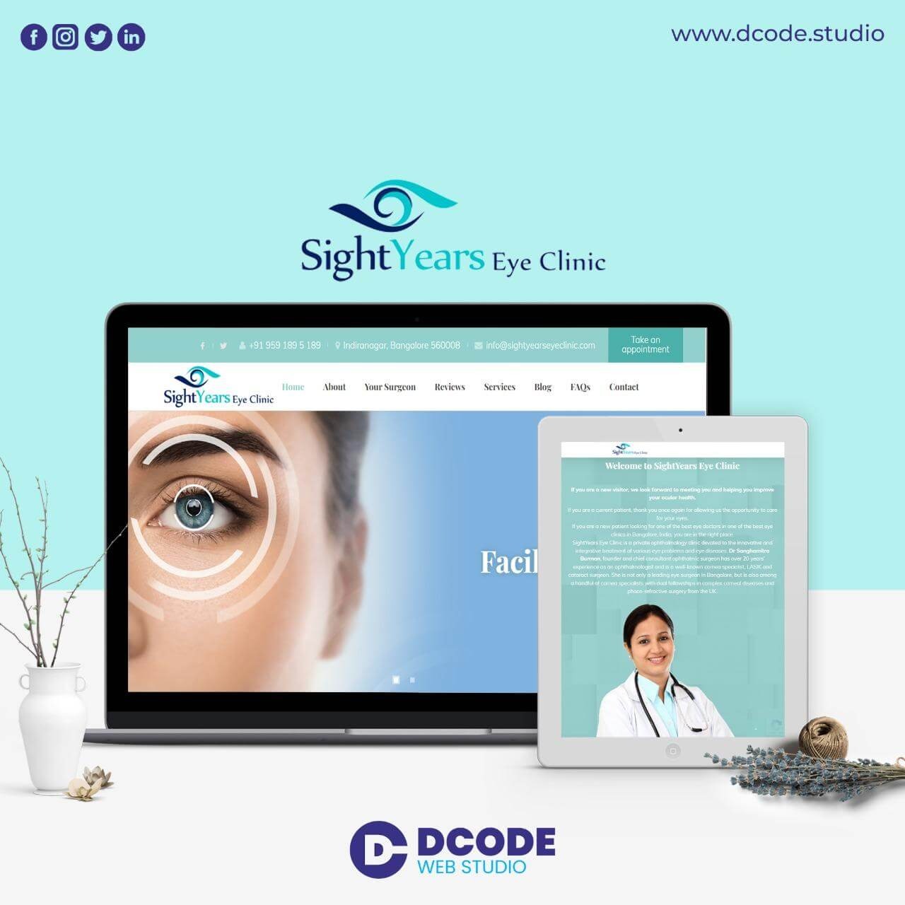 Sightyears Eye Clinic Mockup in Laptop, Mobile, and Tablet sizes, Sightyears Eye Clinic Website Mockup created by Dcode Web Studio, Sightyears Eye Clinic Website Designed and Developed by Dcode Web Studio Ahmedabad.